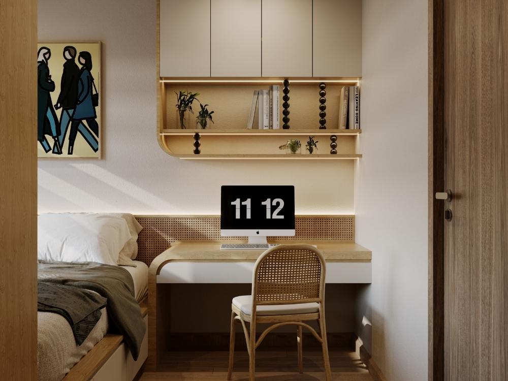 Thiết kế nội thất phòng ngủ cho bé trai với bàn học điều chỉnh độ cao, tủ đồ chơi và giải pháp lưu trữ thông minh