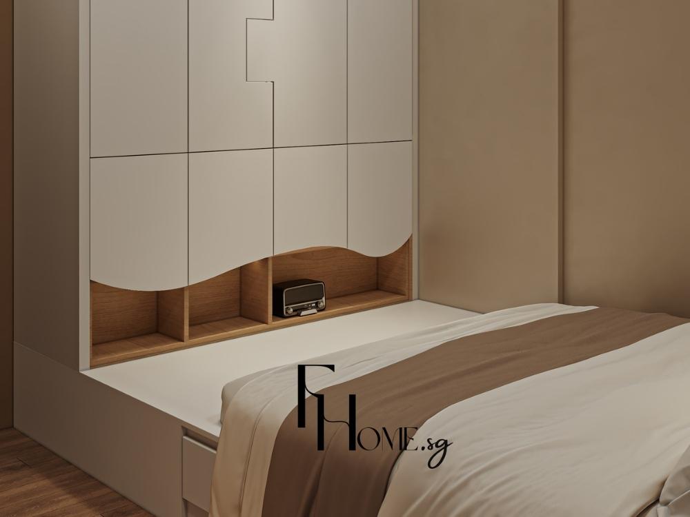 Thiết kế nội thất phòng ngủ cho nam kết hợp gam mà xám, trắng và nâu gỗ tối tạo không gian nam tính