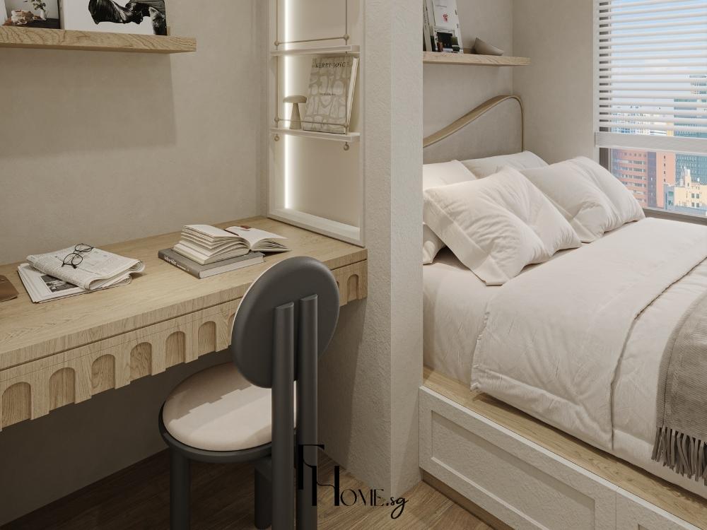 Thiết kế nội thất phòng ngủ cho nữ với gam màu pastel kết hợp gỗ sồi tự nhiên