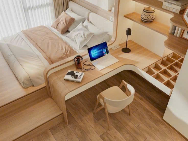 Thiết kế nội thất phòng ngủ chung cư Wabi Sabi có giường bục và bàn làm việc