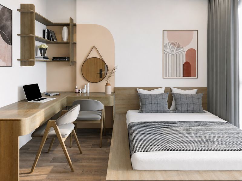 Thiết kế nội thất phòng ngủ chung cư 105m2 tích hợp bàn làm việc đôi