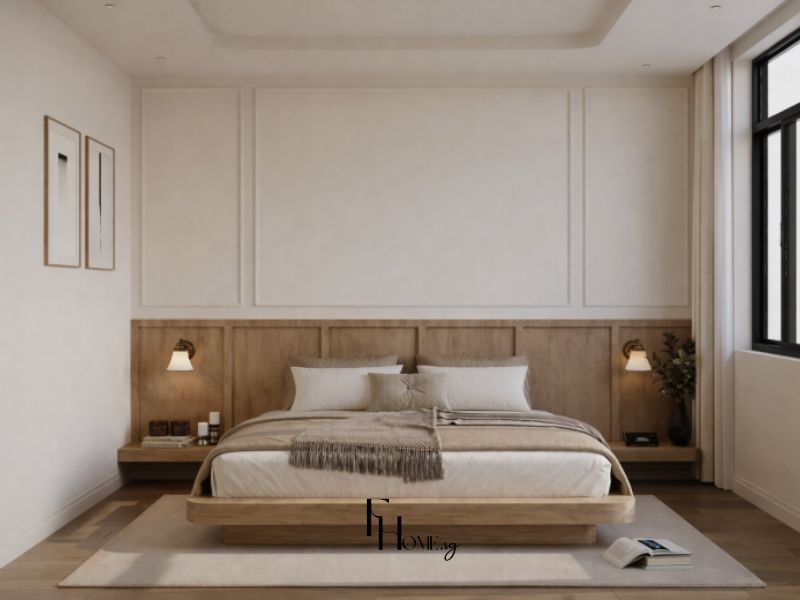 Phòng ngủ chung cư 50m2 phong cách Japandi với tường đầu giường ốp gỗ sồi nhạt kết hợp phào chỉ thạch cao trắng ngà, giường platform thấp và đèn gắn tường tông đồng vàng