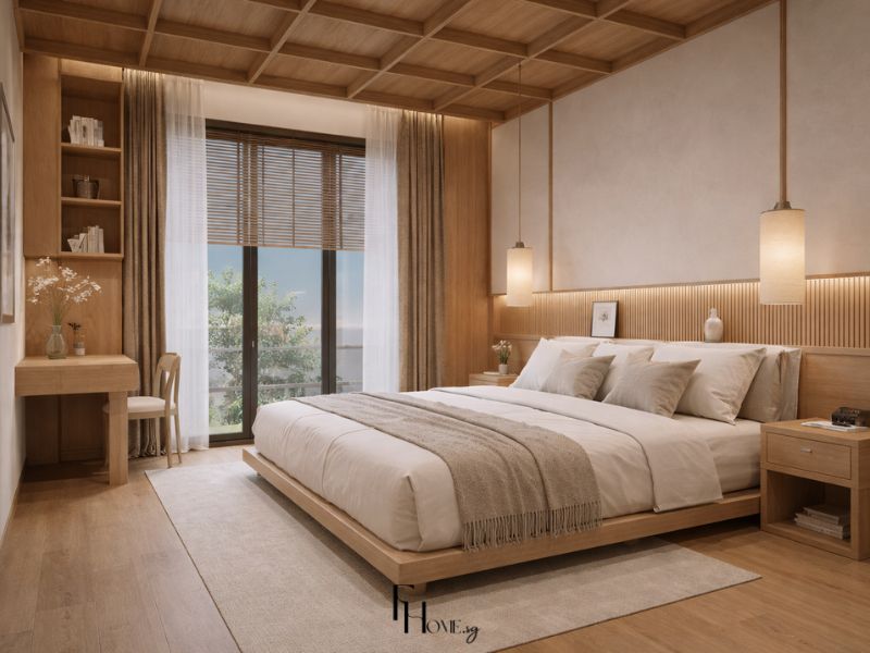 Phòng ngủ chung cư 50m2 phong cách Nhật Bản với trần gỗ kẻ ô koshi, giường platform thấp khung sồi, tường đầu giường ốp thanh lanh tô dọc đèn LED và đèn thả linen trắng sữa