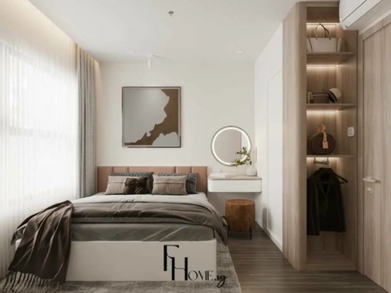 Phòng ngủ chung cư 50m2 phong cách Tối giản với đầu giường bọc da nâu đất chần bông, bàn trang điểm floating gương LED tròn và hệ tủ kệ hở veneer sồi sáng có đèn LED