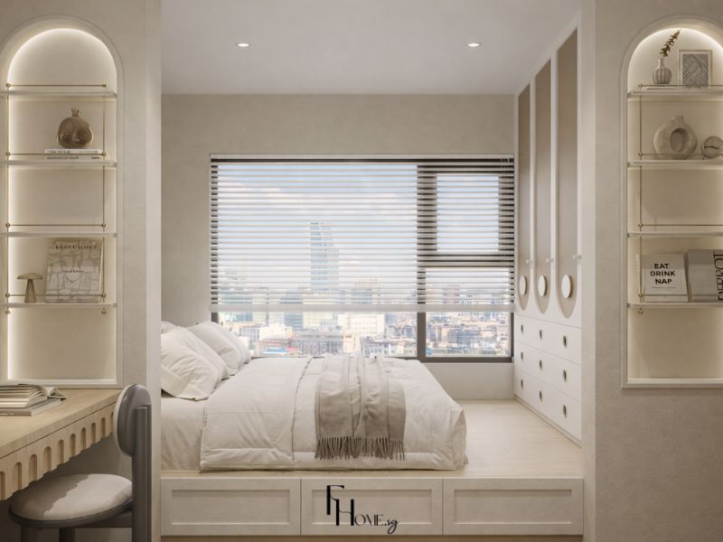 Phòng ngủ chung cư 50m2 phong cách Wabi Sabi với giường đặt trên bục có ngăn kéo lưu trữ, hai hốc tường vòm đèn LED ấm và tủ âm tường cánh phẳng tông trắng ngà
