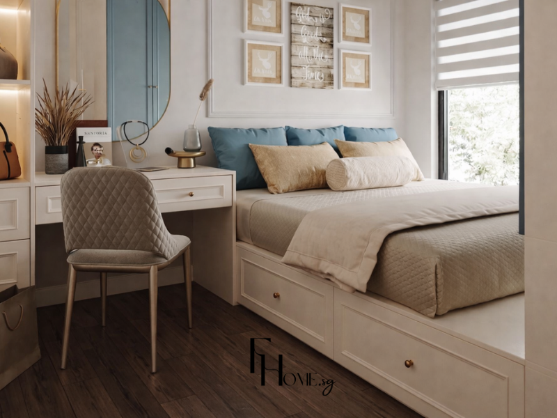 Phòng ngủ chung cư 50m2 phong cách Tân Cổ Điển với tường đầu giường xanh nhạt, giường trắng phào chỉ tay nắm đồng và sàn gỗ nâu đậm tương phản