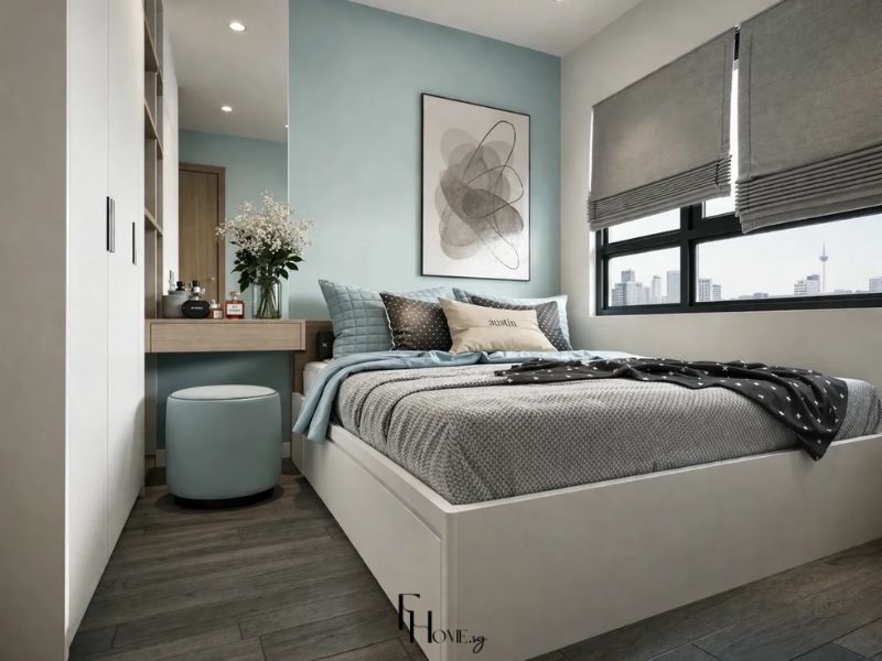 Thiết kế nội thất phòng ngủ chung cư 65m2 phong cách Hiện đại tường xanh mint giường có ngăn chứa và tủ âm tường