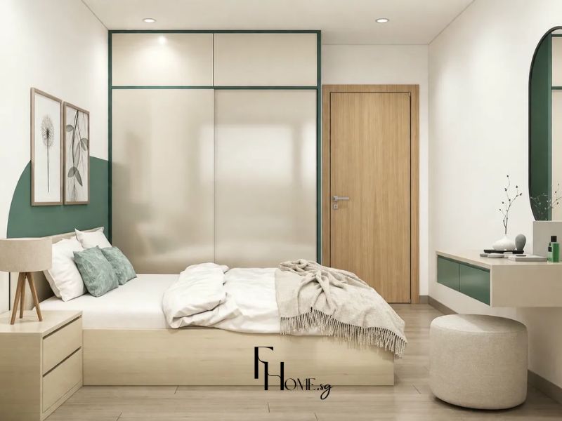 Thiết kế nội thất phòng ngủ chung cư 65m2 phong cách Scandinavian tủ kính mờ viền xanh lá giường gỗ sáng và bàn trang điểm treo tường