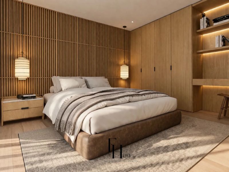 Thiết kế nội thất chung cư 80m2 Japandi phòng ngủ master lam gỗ sồi đèn lồng tre tủ kịch trần kệ LED