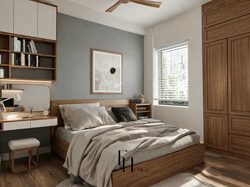 Phòng ngủ chung cư 50m2 phong cách Bắc Âu với tường đầu giường xanh lá nhạt, giường khung gỗ óc chó và hệ kệ bàn làm việc kết hợp gỗ và trắng