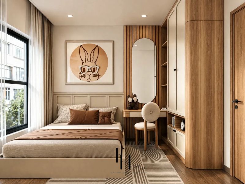 Thiết kế nội thất chung cư 80m2 Wabi Sabi phòng ngủ phụ gương oval bàn trang điểm gỗ tủ bo tròn vân gỗ