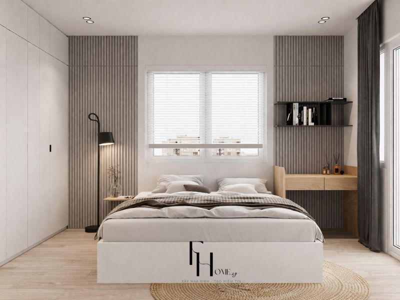 Thiết kế nội thất chung cư 80m2 tối giản phòng ngủ master lam gỗ xám tủ âm tường kịch trần