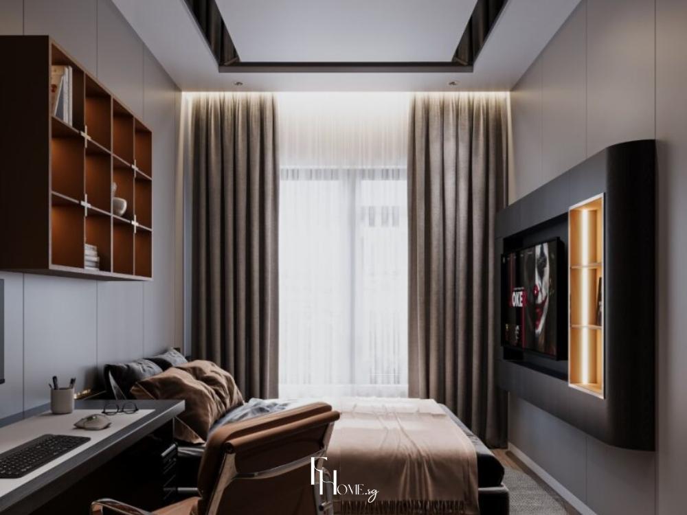 Thiết kế nội thất phòng ngủ con trai phong cách Luxury với màu sắc tinh tế, bố cục gọn gàng và các chi tiết hiện đại