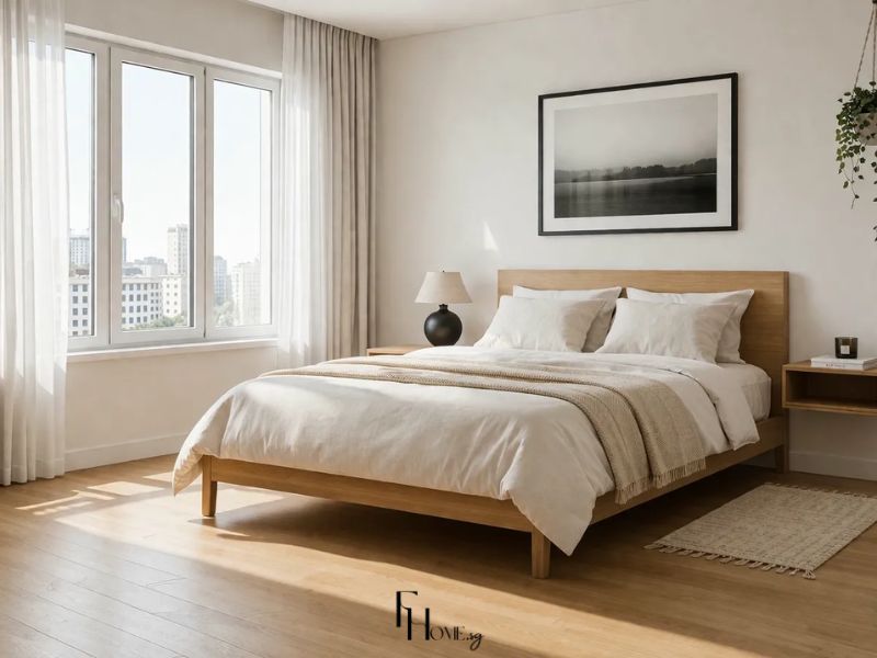 Thiết kế nội thất phòng ngủ nhà chung cư 65m2 phong cách Tối giản giường gỗ sáng và kệ treo tường
