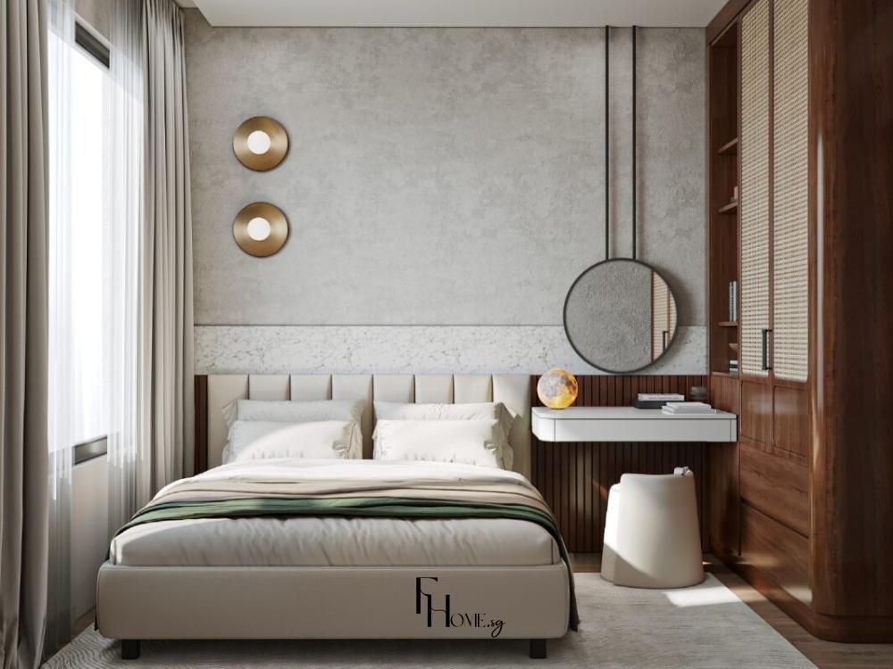 Thiết kế nội thất phòng ngủ phong cách Wabi Sabi với bố trí tối giản, vật liệu thô mộc tự nhiên và tông màu đất trầm ấm