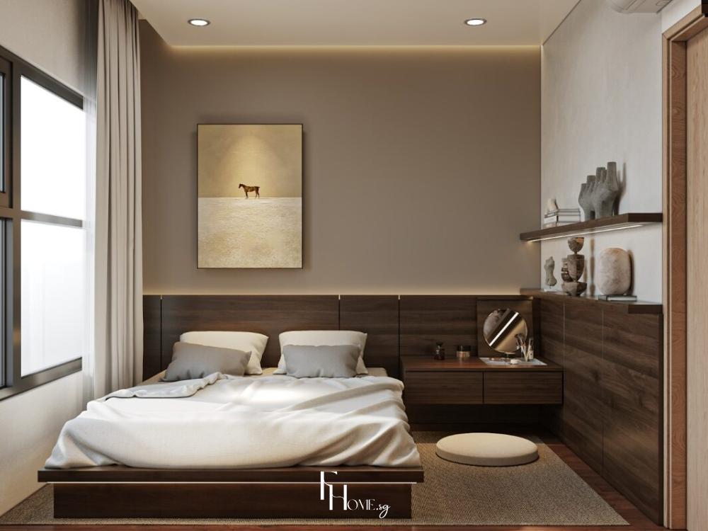 Thiết kế nội thất phòng ngủ phong cách Zen tối giản và tĩnh lặng, sử dụng tông màu nhẹ nhàng để tạo cảm giác an yên và giấc ngủ sâu