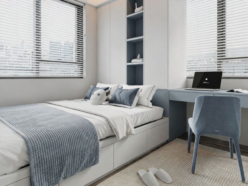 Thiết kế nội thất chung cư 105m2 3 phòng ngủ với phòng ngủ phụ tông xanh