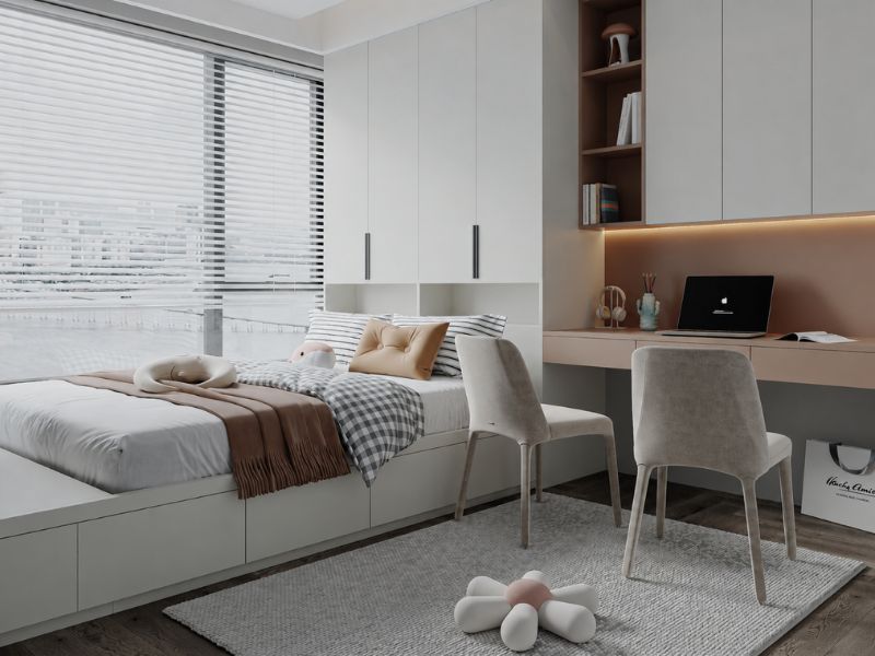 Thiết kế nội thất chung cư 105m2 3 phòng ngủ với phòng ngủ phụ tích hợp bàn học