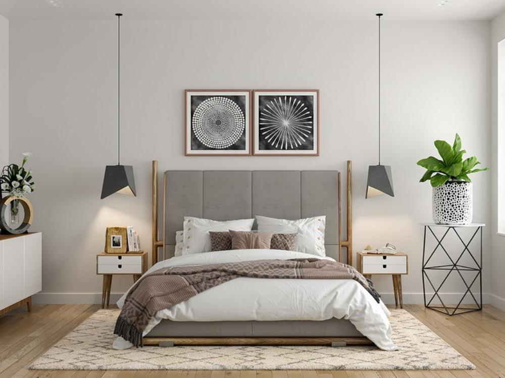 Phòng ngủ Bắc Âu với vật liệu gỗ và da, tạo không gian thoáng đãng, gần gũi.