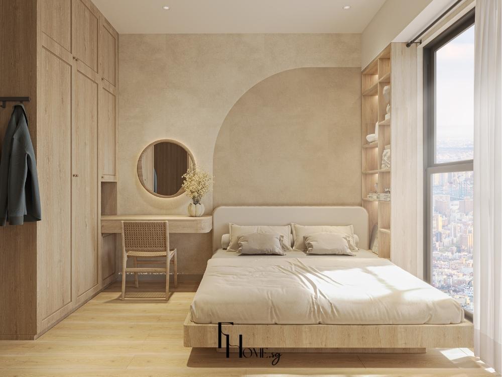 Phòng ngủ chung cư 45m2 bố trí bàn trang điểm và tủ gỗ tối ưu