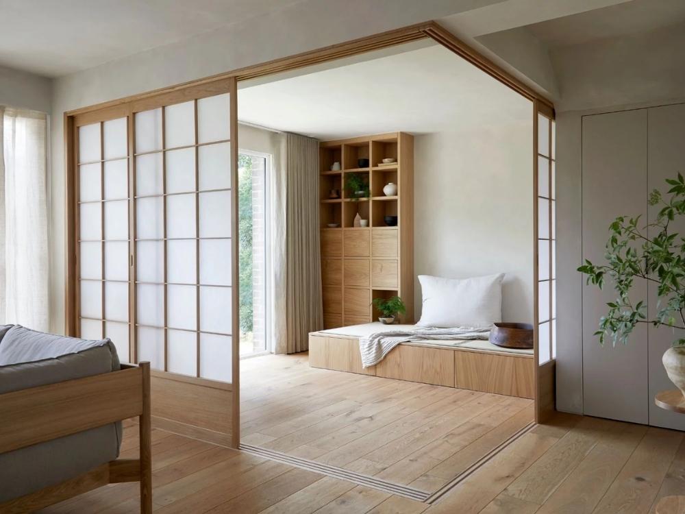 Thiết kế nội thất phòng ngủ vợ chồng bố trí khu vực thư giãn chung với sofa đọc sách, bàn cà phê và cây xanh