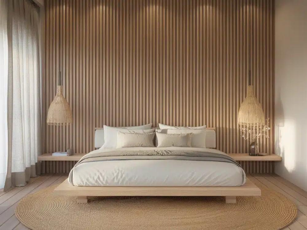 Thiết kế nội thất phòng ngủ vợ chồng với bảng màu trung tính, nội thất đối xứng gồm giường lớn thấp và táp đầu giường