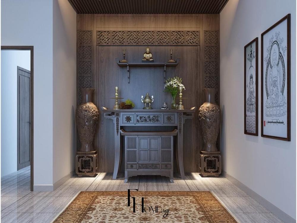 Thiết kế nội thất phòng thờ biệt thự sử dụng gỗ tự nhiên cao cấp, trang nghiêm và hài hòa phong thủy