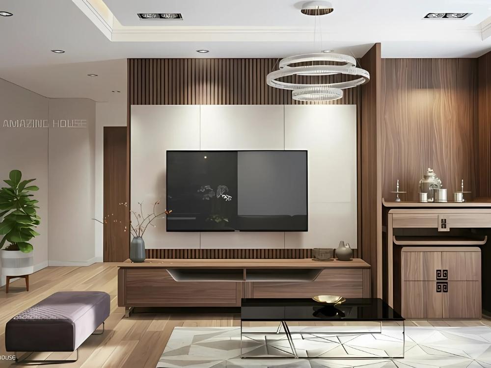 Phòng thờ chung cư nhỏ gọn với tủ thờ đứng, bàn thờ gỗ tự nhiên và đèn chiếu sáng nhẹ tạo không gian linh thiêng và trang trọng.