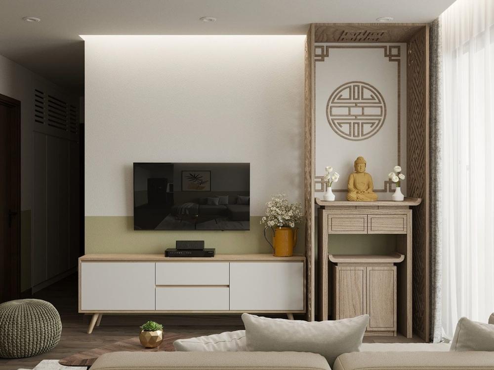Phòng thờ chung cư hiện đại với bàn thờ đơn giản, tường màu vàng nhạt và đèn trần ấm áp tạo không gian trang nghiêm, hiện đại.