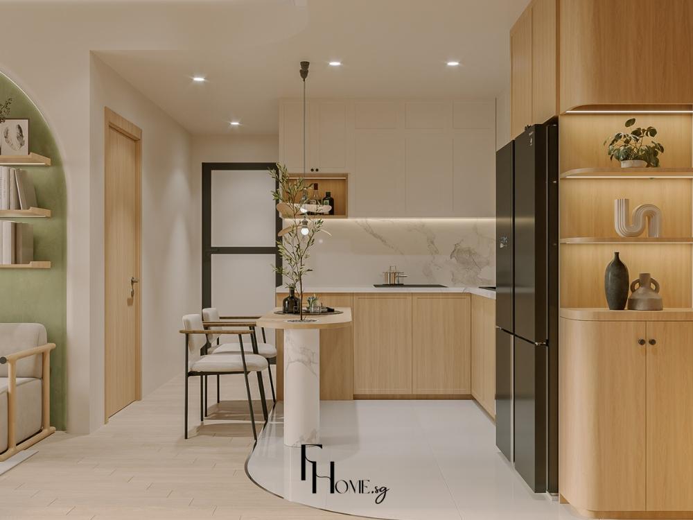 Thiết kế phòng bếp chung cư 70m2 với tủ bếp cao sát trần, bàn đảo nhỏ và kính ốp bếp