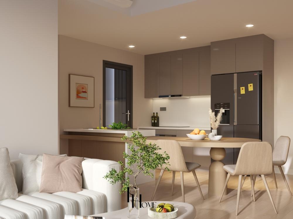 Thiết kế phòng bếp chung cư 70m2 với tủ bếp chữ I, kệ treo tường và mặt bàn dễ lau chùi