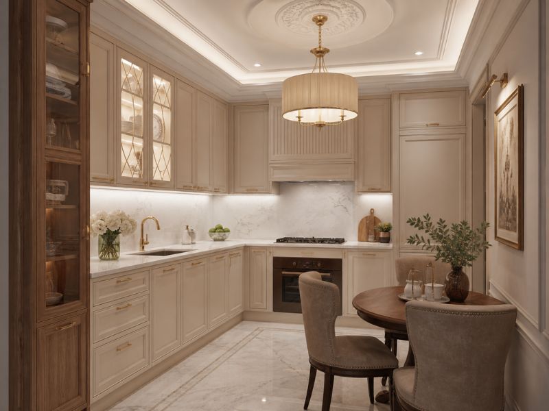 Thiết kế phòng bếp chung cư phong cách Cổ Điển sử dụng tay nắm vàng đồng và bàn tròn gỗ ghế nhung