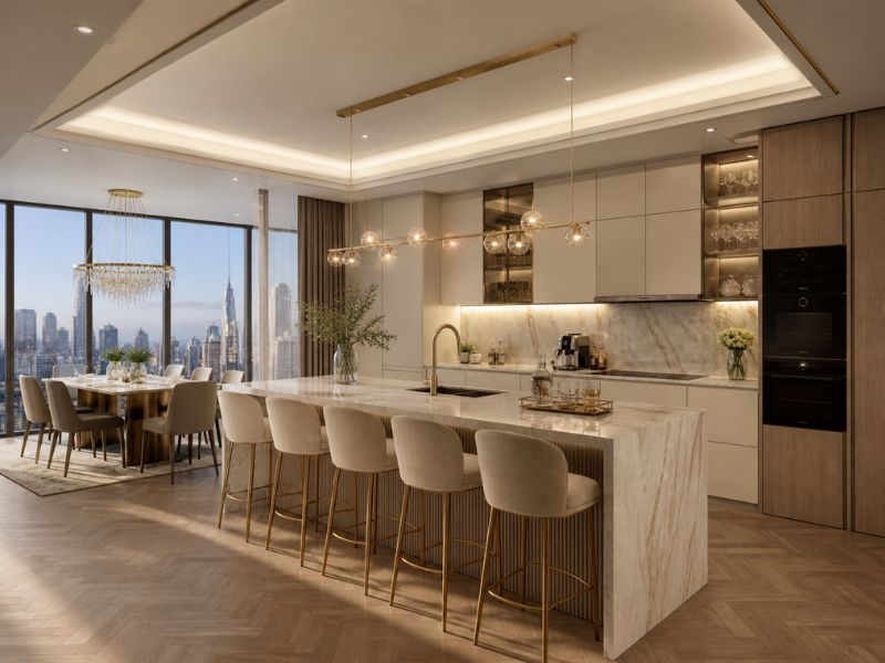 Thiết kế nội thất nhà bếp chung cư phong cách Luxury đèn LED viền vàng và ghế bar bọc nỉ be chân mạ vàng