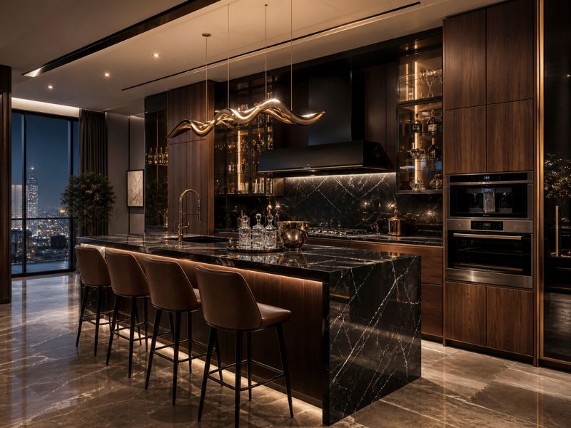 Thiết kế phòng bếp chung cư phong cách Luxury gỗ óc chó viền vàng đồng và đèn thả nghệ thuật mạ vàng