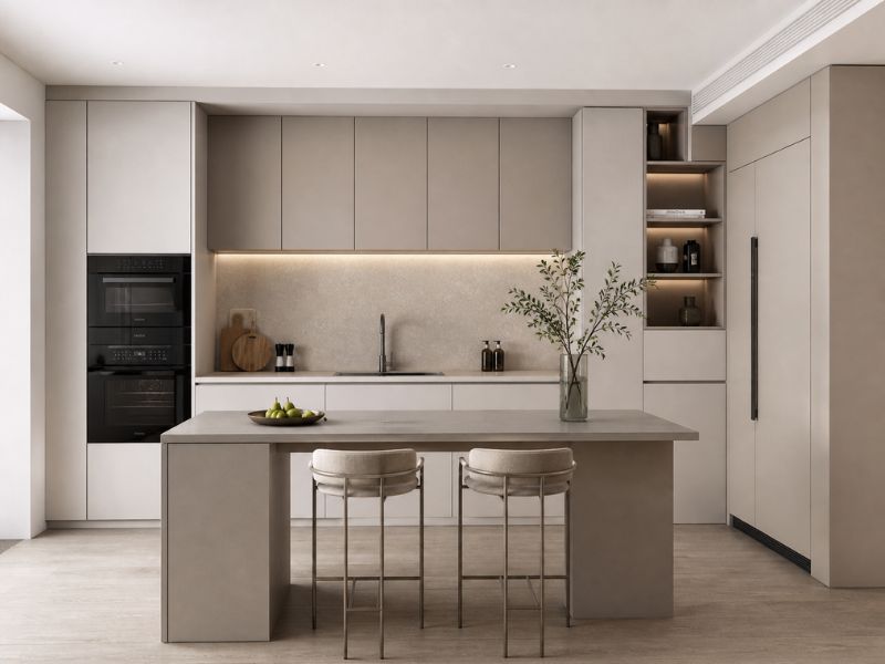 Thiết kế phòng bếp chung cư phong cách Tối Giản hệ tủ bếp be xám đồng nhất kết hợp kệ mở âm tường có đèn LED
