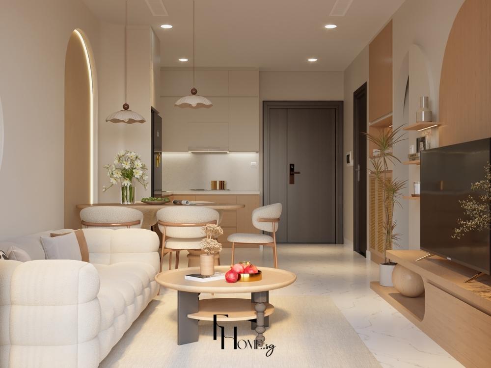 Thiết kế phòng bếp liền phòng khách với không gian mở, tạo sự kết nối và tối ưu diện tích