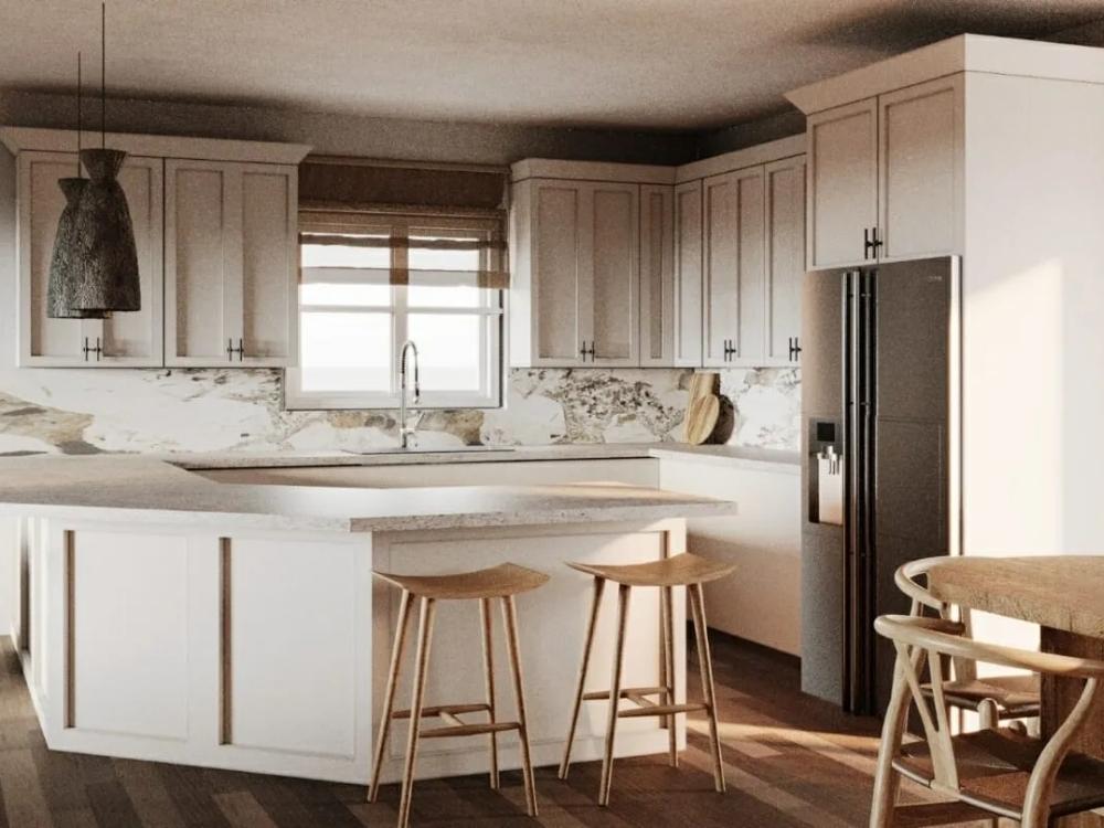 Thiết kế phòng bếp nhà phố 16x5m phong cách Wabi Sabi với bảng màu trắng xám nhẹ, chất liệu thô mộc và ánh sáng tự nhiên chan hòa