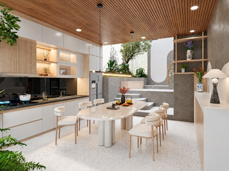 Thiết kế phòng bếp nhà phố 2 tầng kết nối sân vườn xanh