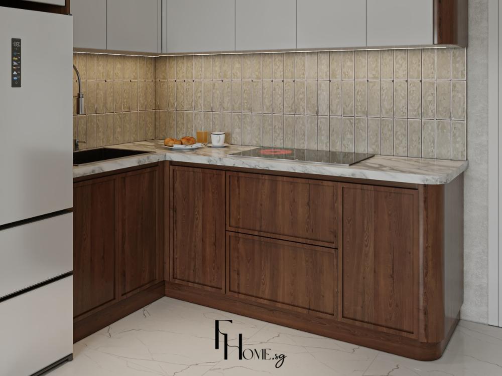 Thiết kế phòng bếp nhà phố 4x10m phong cách Wabi Sabi sử dụng vật liệu gỗ mộc và tường bê tông xám