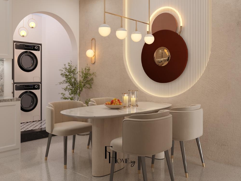 Thiết kế phòng bếp nhà phố 4x10m với ánh sáng từ cửa sau, nội thất tối giản và tủ kịch trần