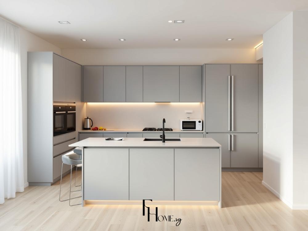 Thiết kế phòng bếp nhà phố với đảo bếp tích hợp làm nơi chuẩn bị thức ăn và bàn ăn