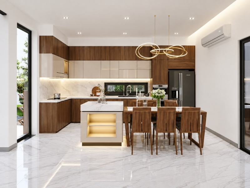 Thiết kế phòng bếp và bàn ăn nhà phố 2 tầng chữ L có bàn đảo