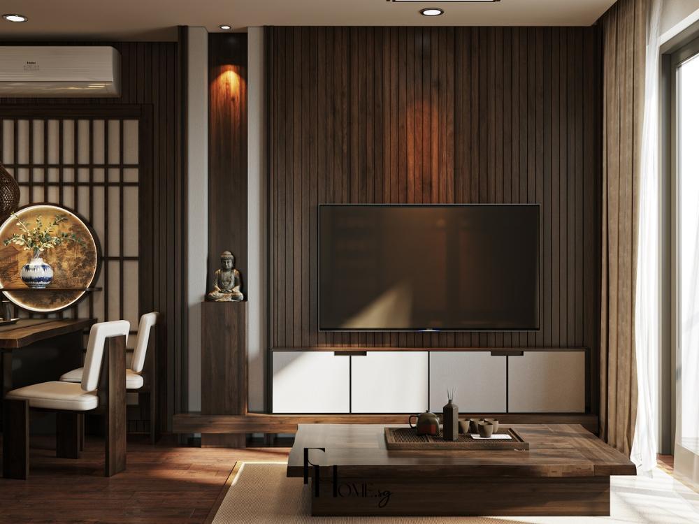 Thiết kế phòng khách 90m2 với kệ tivi treo tường bàn trà gỗ tối sang trọng