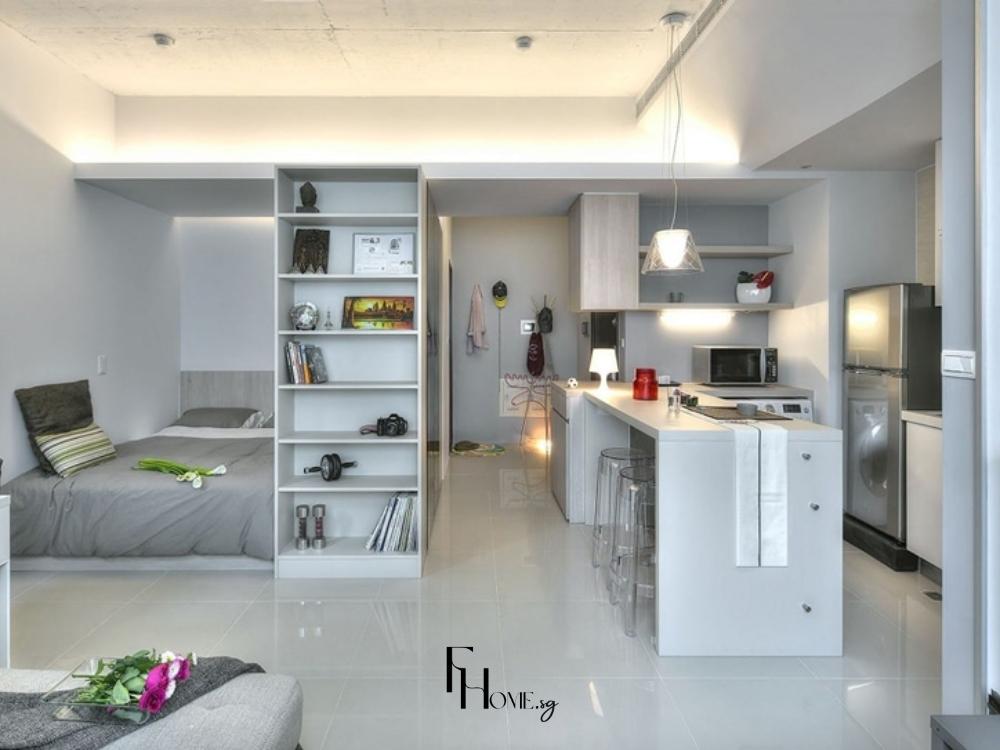 Thiết kế phòng khách căn hộ mini với sofa giường đa năng và không gian sống gọn gàng