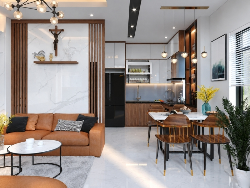 Thiết kế phòng khách liền bàn ăn sang trọng cho nhà phố 30m2