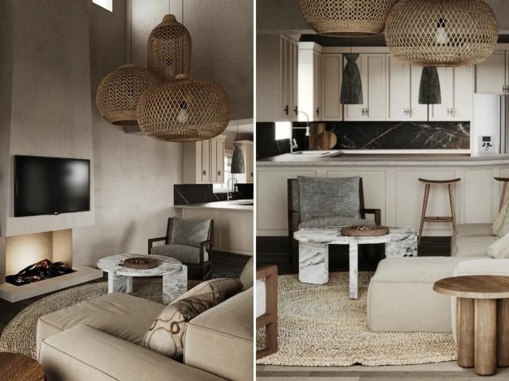 Thiết kế phòng khách nhà phố 16x5m phong cách Wabi Sabi với tông màu đất trầm và chất liệu gỗ thô kết hợp bê tông mộc