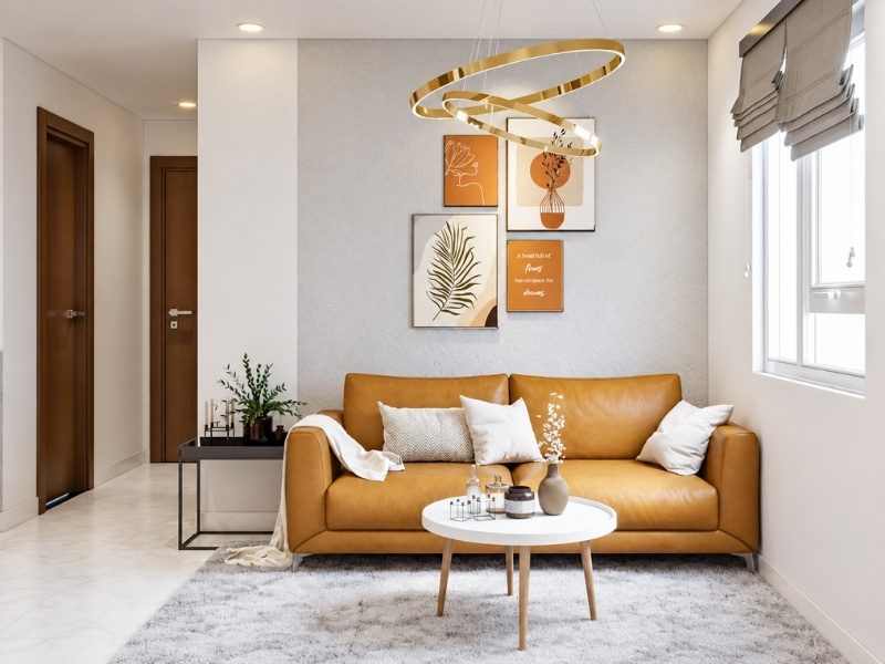 Thiết kế phòng khách nhà phố 25m2 hiện đại với sofa da nâu bò và đèn thả mạ vàng