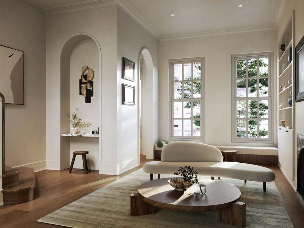 Thiết kế phòng khách nhà phố 4x10m phong cách Hiện đại với tông màu trắng chủ đạo, nội thất đơn giản và gọn gàng