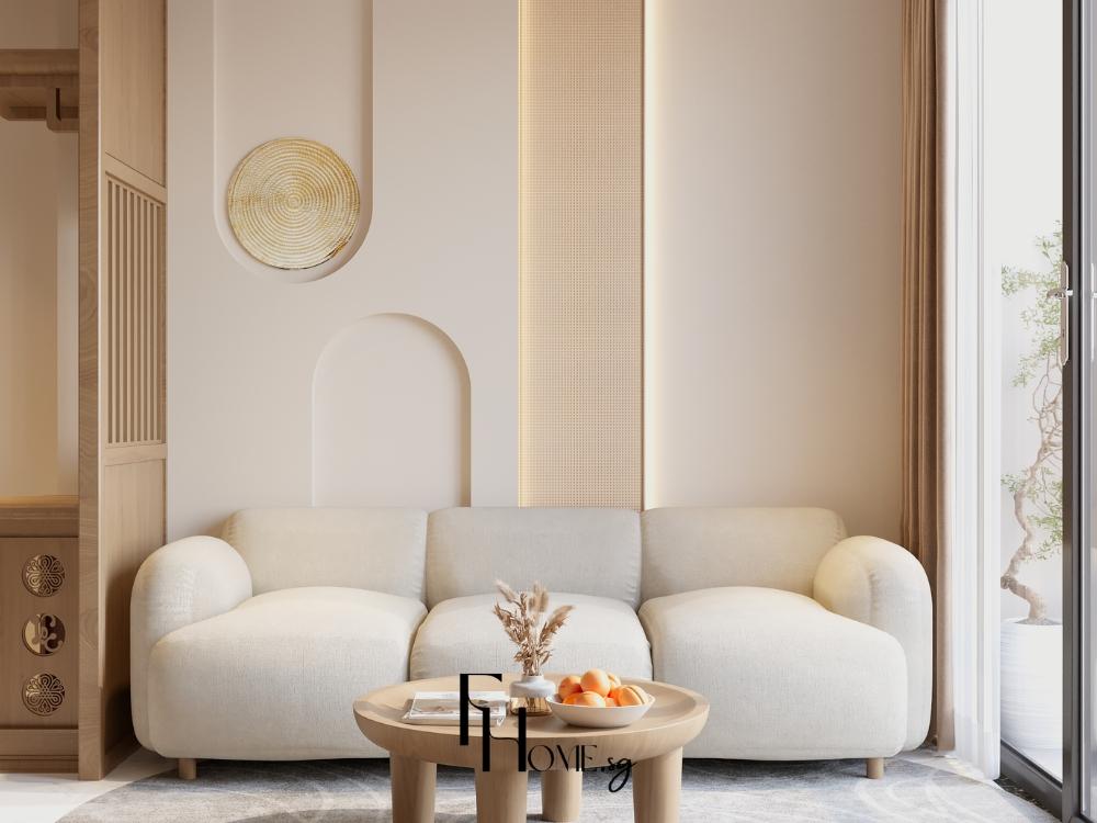 Thiết kế phòng khách nhà phố 4x10m phong cách Japandi với nội thất tinh giản và điểm nhấn là chất liệu tự nhiên