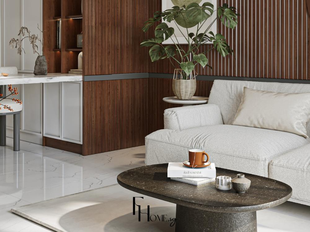 Thiết kế phòng khách nhà phố 4x10m phong cách Wabi Sabi với tông nâu và be làm chủ đạo